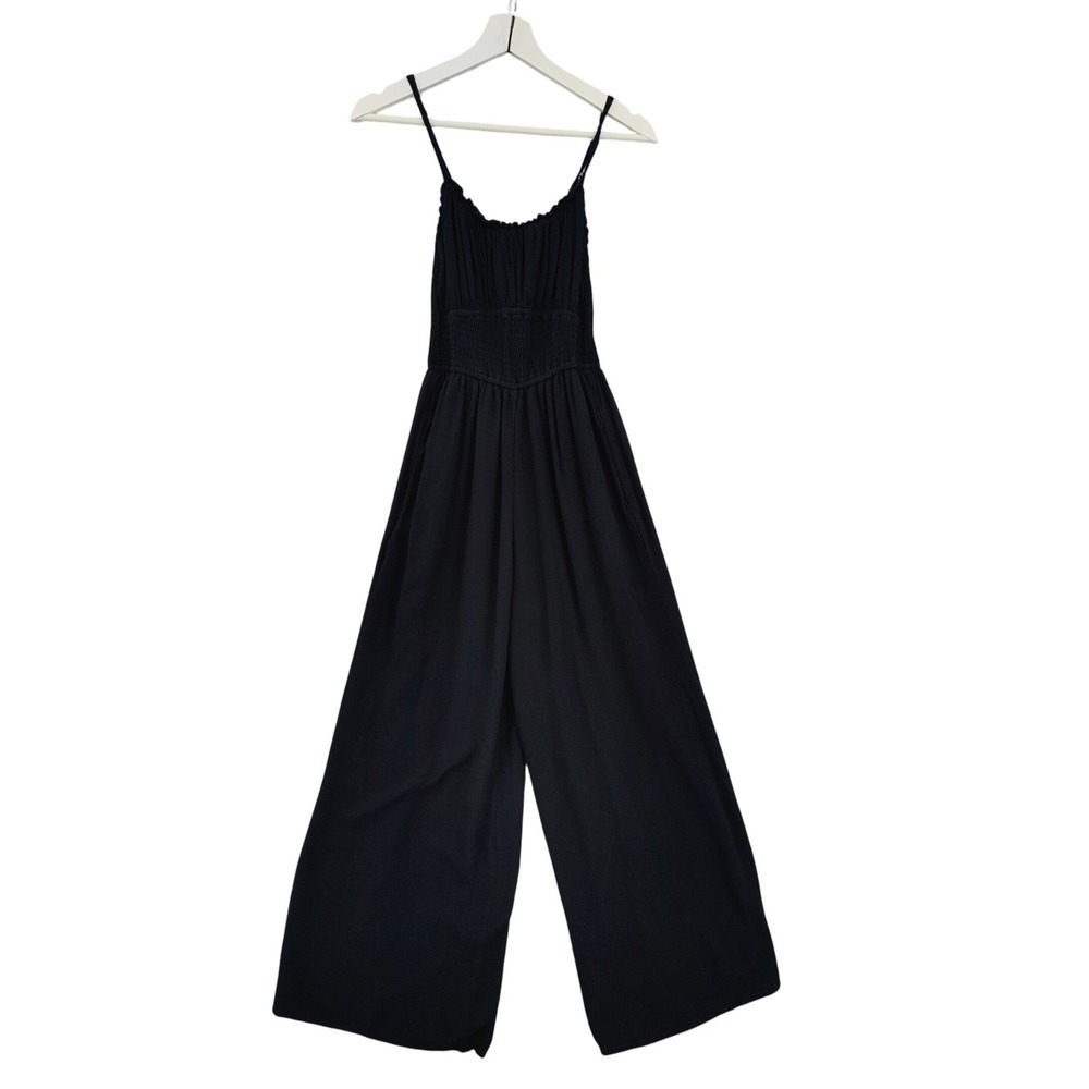Hollister Women Palazzo Wide Flowy Leg Coastal Smocked Jumpsuit M Black Stappy